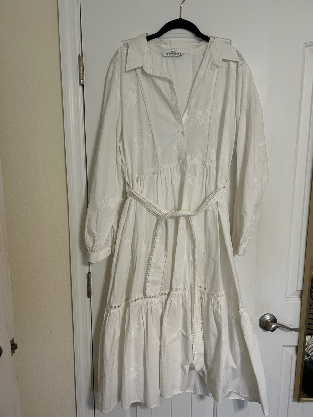 Zara Cream Long-Sleeve Embroidered Tiered Shirt Dress with Tie